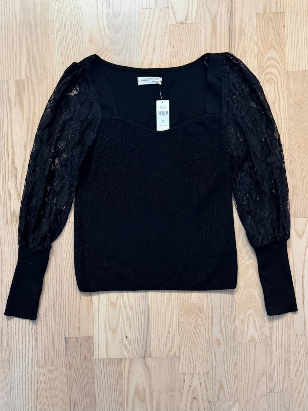 NWT Black Sweetheart Lace Sleeves Knit Top- Anthropologie